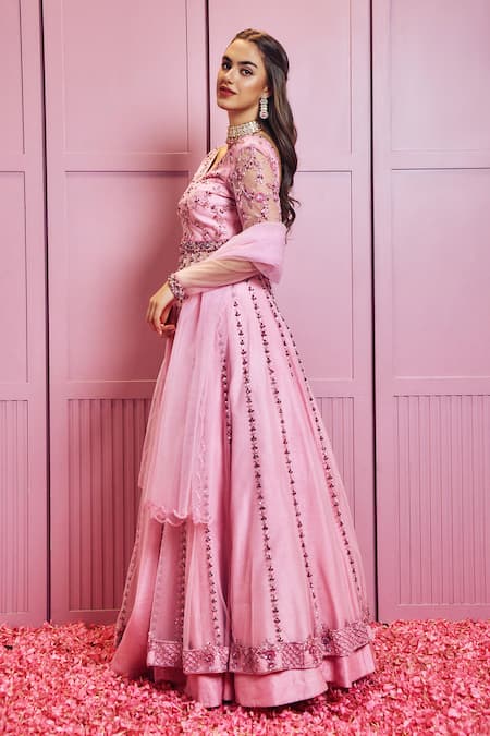 Sammohi By Moksha And Hiral Pink Leather, Tulle Sequins, Crystals, Embroidery Hand Long Jacket Lehenga Set Online at Aza Fashions Sammohi By Moksha And Hiral_Pink Leather, Tulle Sequins, Crystals, Embroidery Hand Long Jacket Lehenga Set _Online_at_Aza_Fashions