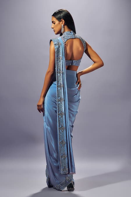 Shop Sammohi By Moksha And Hiral Blue Tulle, Crepe, Silk Pre-stitched Hand Embroidered Saree With Blouse at Aza Fashions Shop_Sammohi By Moksha And Hiral_Blue Tulle, Crepe, Silk Pre-stitched Hand Embroidered Saree With Blouse _at_Aza_Fashions