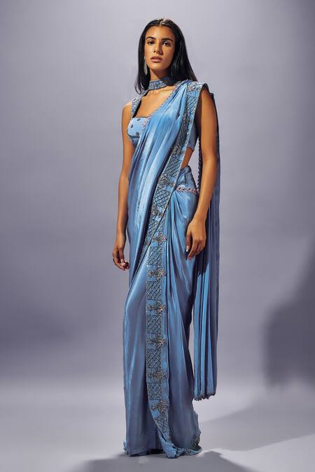 Sammohi By Moksha And Hiral Blue Tulle, Crepe, Silk Pre-stitched Hand Embroidered Saree With Blouse Online at Aza Fashions Sammohi By Moksha And Hiral_Blue Tulle, Crepe, Silk Pre-stitched Hand Embroidered Saree With Blouse _Online_at_Aza_Fashions