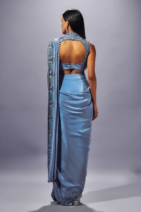 Buy Sammohi By Moksha And Hiral Blue Tulle, Crepe, Silk Pre-stitched Hand Embroidered Saree With Blouse Online at Aza Fashions Buy_Sammohi By Moksha And Hiral_Blue Tulle, Crepe, Silk Pre-stitched Hand Embroidered Saree With Blouse _Online_at_Aza_Fashions