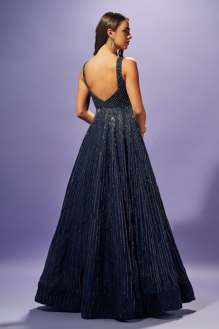 Shop Sammohi By Moksha And Hiral Blue Silk Organza Sequins, Crystals Sweetheart Neck Hand Embellished Gown at Aza Fashions Shop_Sammohi By Moksha And Hiral_Blue Silk Organza Sequins, Crystals Sweetheart Neck Hand Embellished Gown _at_Aza_Fashions