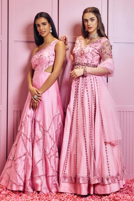 Sammohi By Moksha And Hiral Pink Silk Organza Sequins, Crystals Asymmetric Hand Embroidered Gown at Aza Fashions Sammohi By Moksha And Hiral_Pink Silk Organza Sequins, Crystals Asymmetric Hand Embroidered Gown _at_Aza_Fashions
