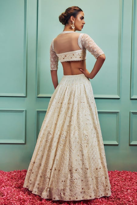 Shop_Sammohi By Moksha And Hiral_Ivory Silk, Tulle Crystals, Beads, Embroidery Self Hand Bridal Lehenga Set _at_Aza_Fashions