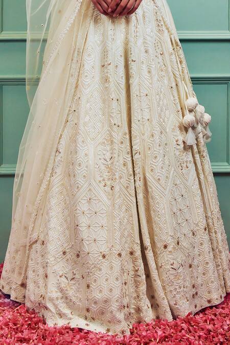 Sammohi By Moksha And Hiral_Ivory Silk, Tulle Crystals, Beads, Embroidery Self Hand Bridal Lehenga Set _Online_at_Aza_Fashions