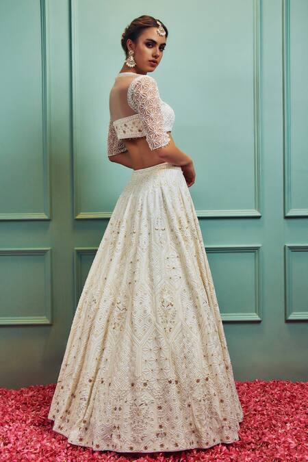 Buy_Sammohi By Moksha And Hiral_Ivory Silk, Tulle Crystals, Beads, Embroidery Self Hand Bridal Lehenga Set _Online_at_Aza_Fashions