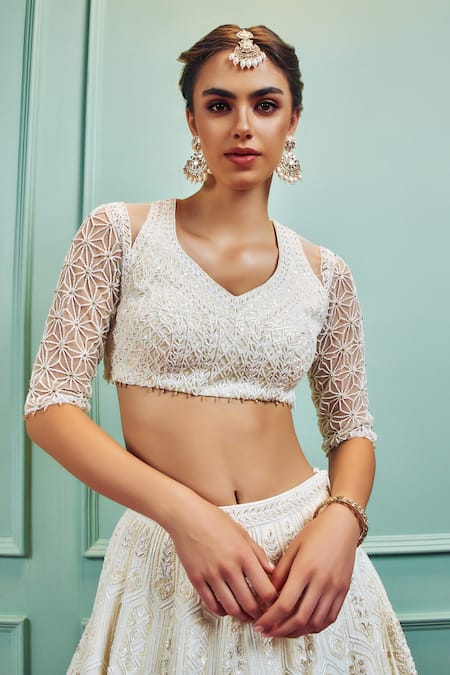 Shop_Sammohi By Moksha And Hiral_Ivory Silk, Tulle Crystals, Beads, Embroidery Self Hand Bridal Lehenga Set _Online_at_Aza_Fashions