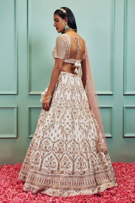 Shop Sammohi By Moksha And Hiral Ivory Tulle, Silk Embroidery Square Zardozi Hand Embellished Bridal Lehenga Set at Aza Fashions Shop_Sammohi By Moksha And Hiral_Ivory Tulle, Silk Embroidery Square Zardozi Hand Embellished Bridal Lehenga Set _at_Aza_Fashions