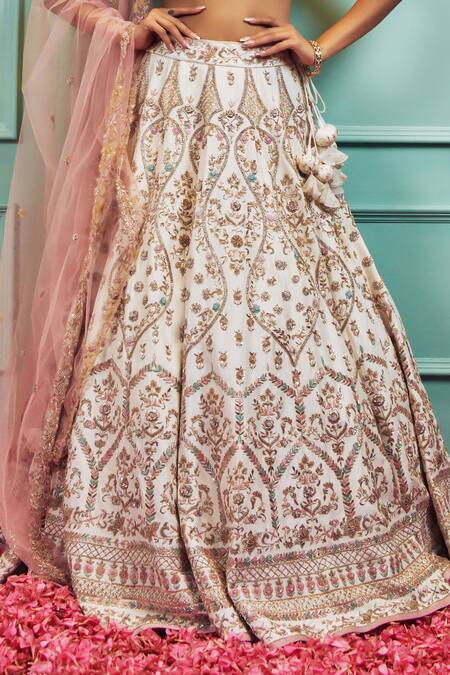 Sammohi By Moksha And Hiral Ivory Tulle, Silk Embroidery Square Zardozi Hand Embellished Bridal Lehenga Set Online at Aza Fashions Sammohi By Moksha And Hiral_Ivory Tulle, Silk Embroidery Square Zardozi Hand Embellished Bridal Lehenga Set _Online_at_Aza_Fashions