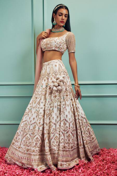 Sammohi By Moksha And Hiral Ivory Tulle, Silk Embroidery Square Zardozi Hand Embellished Bridal Lehenga Set at Aza Fashions Sammohi By Moksha And Hiral_Ivory Tulle, Silk Embroidery Square Zardozi Hand Embellished Bridal Lehenga Set _at_Aza_Fashions