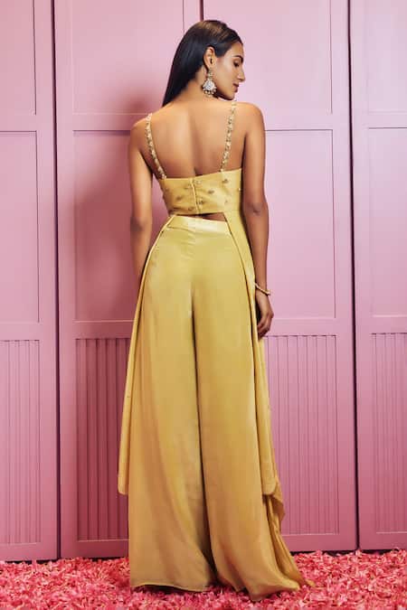 Shop Sammohi By Moksha And Hiral Yellow Silk, Crepe Sequins, Crystals, Hand Embellished Top With Palazzo at Aza Fashions Shop_Sammohi By Moksha And Hiral_Yellow Silk, Crepe Sequins, Crystals, Hand Embellished Top With Palazzo _at_Aza_Fashions