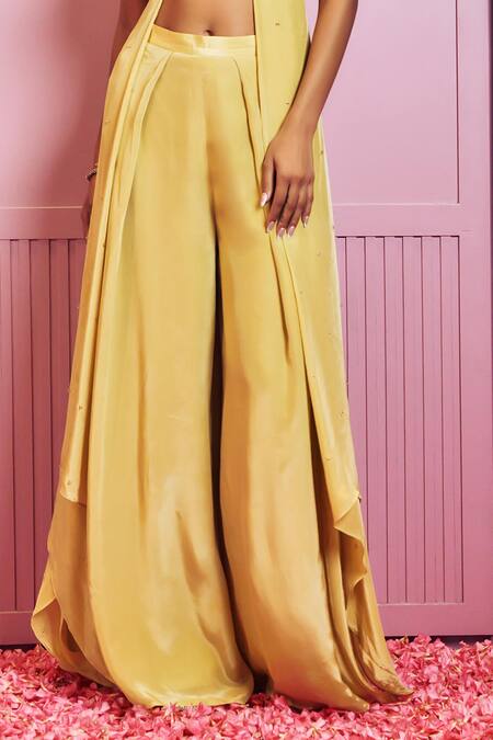 Sammohi By Moksha And Hiral Yellow Silk, Crepe Sequins, Crystals, Hand Embellished Top With Palazzo Online at Aza Fashions Sammohi By Moksha And Hiral_Yellow Silk, Crepe Sequins, Crystals, Hand Embellished Top With Palazzo _Online_at_Aza_Fashions