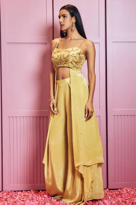 Buy Sammohi By Moksha And Hiral Yellow Silk, Crepe Sequins, Crystals, Hand Embellished Top With Palazzo Online at Aza Fashions Buy_Sammohi By Moksha And Hiral_Yellow Silk, Crepe Sequins, Crystals, Hand Embellished Top With Palazzo _Online_at_Aza_Fashions