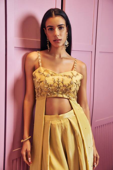 Shop Sammohi By Moksha And Hiral Yellow Silk, Crepe Sequins, Crystals, Hand Embellished Top With Palazzo Online at Aza Fashions Shop_Sammohi By Moksha And Hiral_Yellow Silk, Crepe Sequins, Crystals, Hand Embellished Top With Palazzo _Online_at_Aza_Fashions