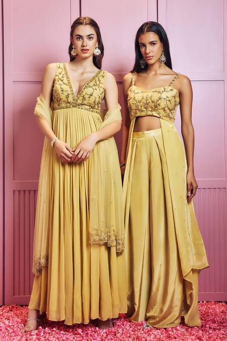 Sammohi By Moksha And Hiral Yellow Silk, Crepe Sequins, Crystals, Hand Embellished Top With Palazzo at Aza Fashions Sammohi By Moksha And Hiral_Yellow Silk, Crepe Sequins, Crystals, Hand Embellished Top With Palazzo _at_Aza_Fashions