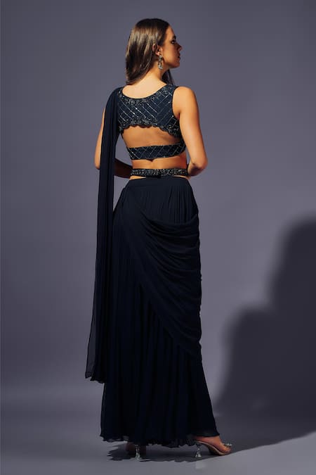 Shop Sammohi By Moksha And Hiral Blue Tulle, Georgette Sequins, Pre-stitched Pant Saree With Embroidered Blouse at Aza Fashions Shop_Sammohi By Moksha And Hiral_Blue Tulle, Georgette Sequins, Pre-stitched Pant Saree With Embroidered Blouse _at_Aza_Fashions