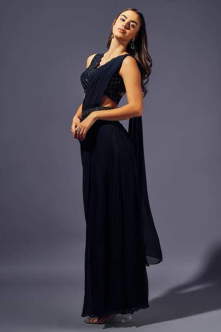 Sammohi By Moksha And Hiral Blue Tulle, Georgette Sequins, Pre-stitched Pant Saree With Embroidered Blouse Online at Aza Fashions Sammohi By Moksha And Hiral_Blue Tulle, Georgette Sequins, Pre-stitched Pant Saree With Embroidered Blouse _Online_at_Aza_Fashions