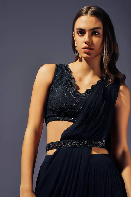 Shop Sammohi By Moksha And Hiral Blue Tulle, Georgette Sequins, Pre-stitched Pant Saree With Embroidered Blouse Online at Aza Fashions Shop_Sammohi By Moksha And Hiral_Blue Tulle, Georgette Sequins, Pre-stitched Pant Saree With Embroidered Blouse _Online_at_Aza_Fashions