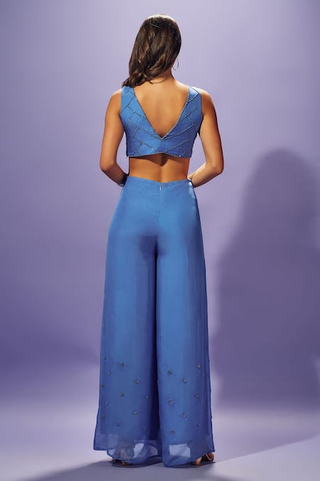 Shop Sammohi By Moksha And Hiral Blue Silk Organza Crystals V-neck Hand Embroidered Jumpsuit at Aza Fashions Shop_Sammohi By Moksha And Hiral_Blue Silk Organza Crystals V-neck Hand Embroidered Jumpsuit _at_Aza_Fashions