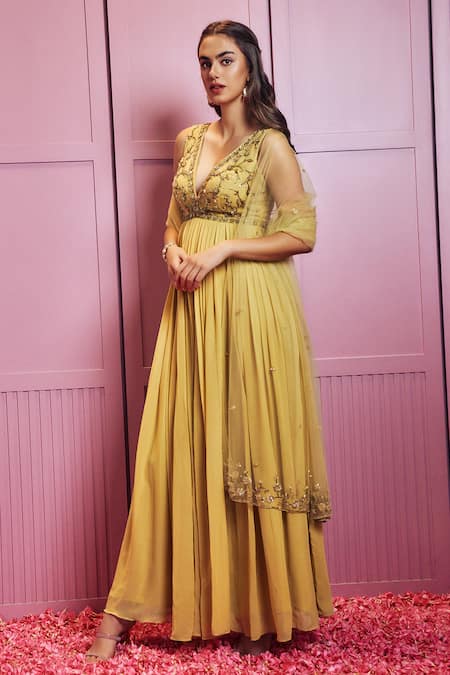 Shop Sammohi By Moksha And Hiral Yellow Crepe, Silk, Tulle Sequins, Hand Embellished Bodice Anarkali With Dupatta at Aza Fashions Shop_Sammohi By Moksha And Hiral_Yellow Crepe, Silk, Tulle Sequins, Hand Embellished Bodice Anarkali With Dupatta _at_Aza_Fashions