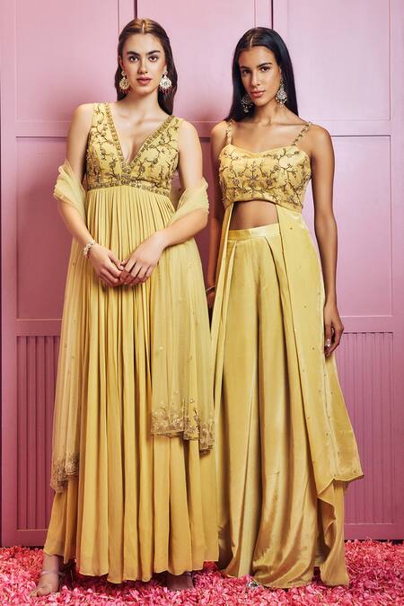 Sammohi By Moksha And Hiral Yellow Crepe, Silk, Tulle Sequins, Hand Embellished Bodice Anarkali With Dupatta Online at Aza Fashions Sammohi By Moksha And Hiral_Yellow Crepe, Silk, Tulle Sequins, Hand Embellished Bodice Anarkali With Dupatta _Online_at_Aza_Fashions