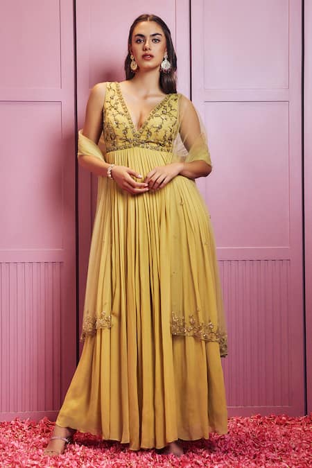 Buy Sammohi By Moksha And Hiral Yellow Crepe, Silk, Tulle Sequins, Hand Embellished Bodice Anarkali With Dupatta Online at Aza Fashions Buy_Sammohi By Moksha And Hiral_Yellow Crepe, Silk, Tulle Sequins, Hand Embellished Bodice Anarkali With Dupatta _Online_at_Aza_Fashions