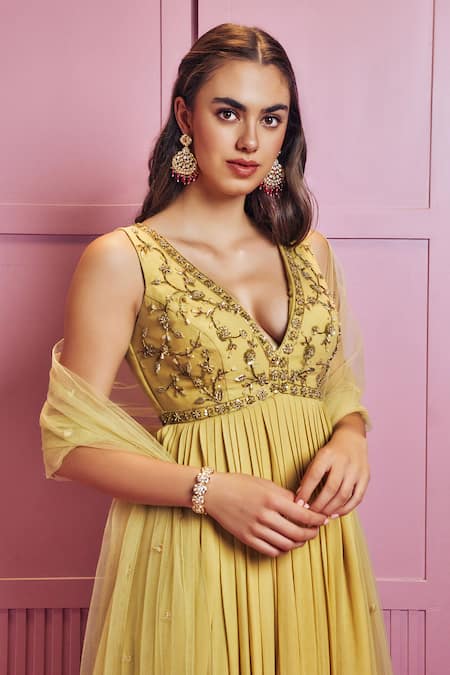 Shop Sammohi By Moksha And Hiral Yellow Crepe, Silk, Tulle Sequins, Hand Embellished Bodice Anarkali With Dupatta Online at Aza Fashions Shop_Sammohi By Moksha And Hiral_Yellow Crepe, Silk, Tulle Sequins, Hand Embellished Bodice Anarkali With Dupatta _Online_at_Aza_Fashions