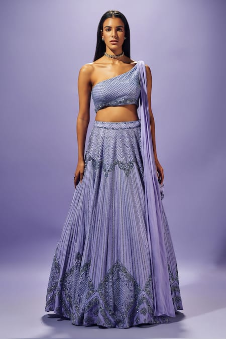 SAMMOHI BY MOKSHA AND HIRAL Purple Blouse And Lehenga Dupion Silk Hand Embroidery Crystals Asymmetric With 