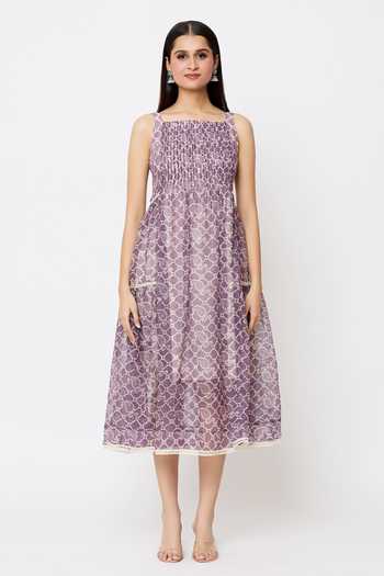 EK Katha_Purple Kota Doria Embroidery Square Neck Batik Block Print A-line Flared Dress_Online_at_Aza_Fashions