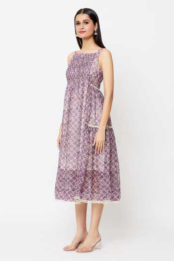 Buy_EK Katha_Purple Kota Doria Embroidery Square Neck Batik Block Print A-line Flared Dress_Online_at_Aza_Fashions