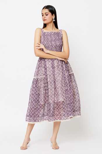 Shop_EK Katha_Purple Kota Doria Embroidery Square Neck Batik Block Print A-line Flared Dress_Online_at_Aza_Fashions