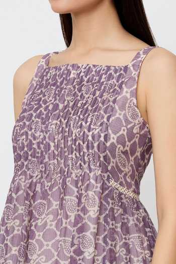 EK Katha_Purple Kota Doria Embroidery Square Neck Batik Block Print A-line Flared Dress_at_Aza_Fashions
