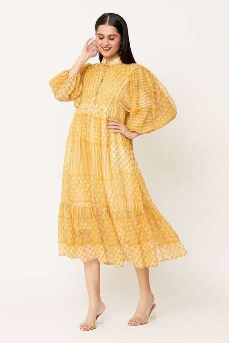 EK Katha_Yellow Kota Doria Collared Batik Block Print Balloon Sleeve Midi Dress_Online_at_Aza_Fashions