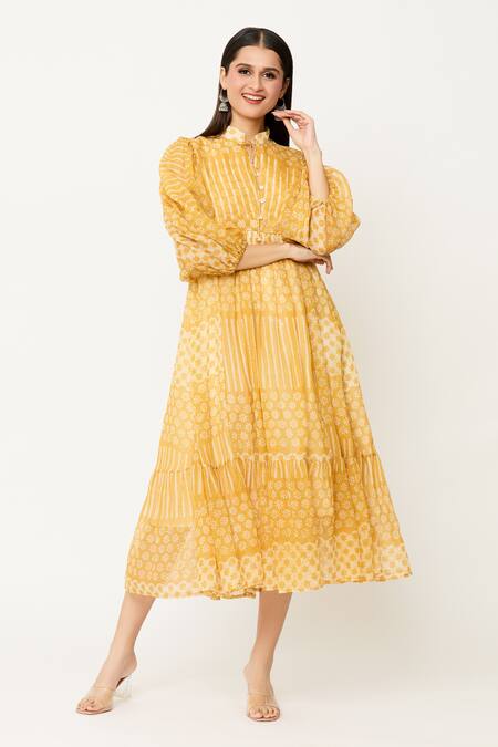 Buy_EK Katha_Yellow Kota Doria Collared Batik Block Print Balloon Sleeve Midi Dress_Online_at_Aza_Fashions