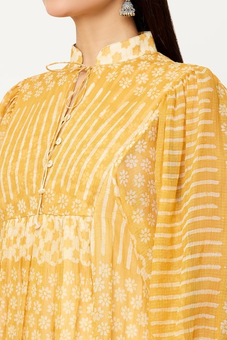 Shop_EK Katha_Yellow Kota Doria Collared Batik Block Print Balloon Sleeve Midi Dress_Online_at_Aza_Fashions