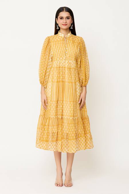 EK Katha_Yellow Kota Doria Collared Batik Block Print Balloon Sleeve Midi Dress_at_Aza_Fashions