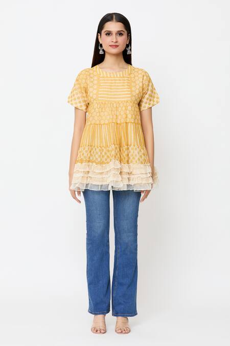 EK Katha_Yellow Kota Doria Ruffles Round Neck Batik Block Print Hemline Top_Online_at_Aza_Fashions