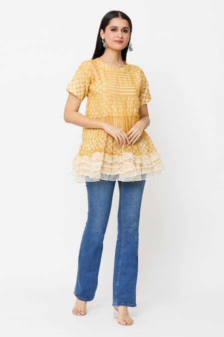 Shop_EK Katha_Yellow Kota Doria Ruffles Round Neck Batik Block Print Hemline Top_Online_at_Aza_Fashions