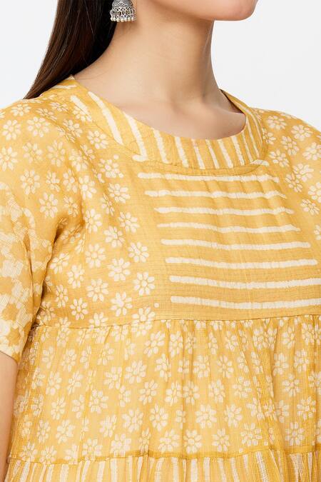 EK Katha_Yellow Kota Doria Ruffles Round Neck Batik Block Print Hemline Top_at_Aza_Fashions