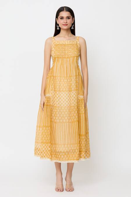EK Katha_Yellow Kota Doria Lace Square Neck Batik Block Print Sleeveless Dress_Online_at_Aza_Fashions