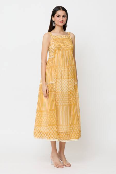 Buy_EK Katha_Yellow Kota Doria Lace Square Neck Batik Block Print Sleeveless Dress_Online_at_Aza_Fashions