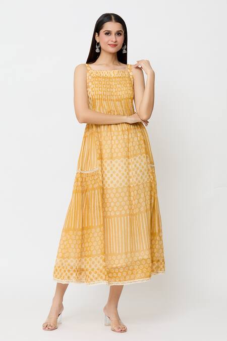 Shop_EK Katha_Yellow Kota Doria Lace Square Neck Batik Block Print Sleeveless Dress_Online_at_Aza_Fashions
