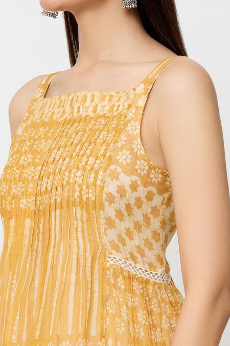 EK Katha_Yellow Kota Doria Lace Square Neck Batik Block Print Sleeveless Dress_at_Aza_Fashions