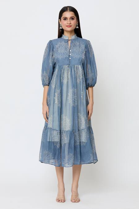 EK Katha_Blue Kota Doria Embroidery Collared Flower Batik Print Midi Dress_Online_at_Aza_Fashions