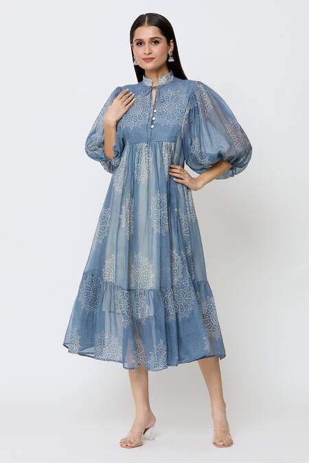 Buy_EK Katha_Blue Kota Doria Embroidery Collared Flower Batik Print Midi Dress_Online_at_Aza_Fashions