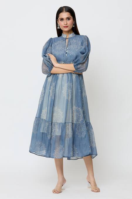 Shop_EK Katha_Blue Kota Doria Embroidery Collared Flower Batik Print Midi Dress_Online_at_Aza_Fashions