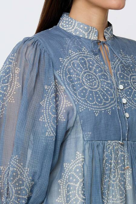 EK Katha_Blue Kota Doria Embroidery Collared Flower Batik Print Midi Dress_at_Aza_Fashions