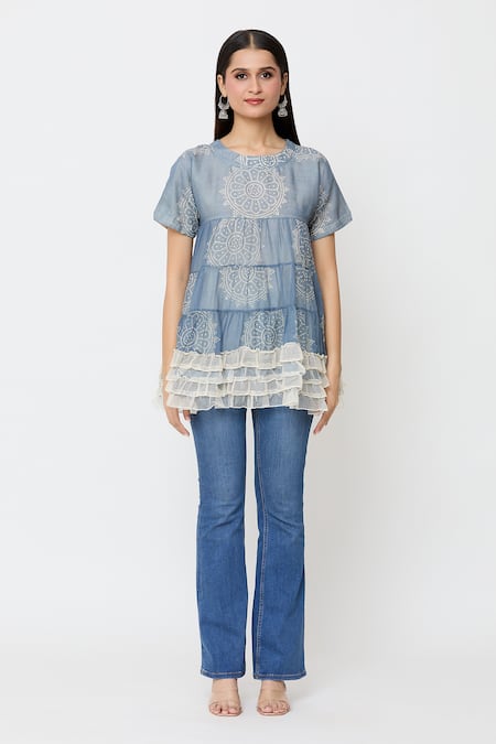 EK Katha_Blue Kota Doria Round Neck Flower Batik Print Long Top_Online_at_Aza_Fashions