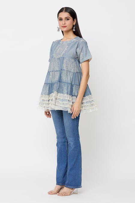 Buy_EK Katha_Blue Kota Doria Round Neck Flower Batik Print Long Top_Online_at_Aza_Fashions