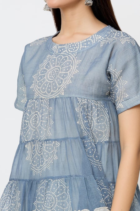 EK Katha_Blue Kota Doria Round Neck Flower Batik Print Long Top_at_Aza_Fashions