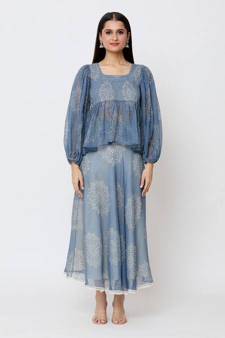 EK Katha_Blue Kota Doria Embroidery Square Neck Flower Batik Print Long Top With Skirt_Online_at_Aza_Fashions